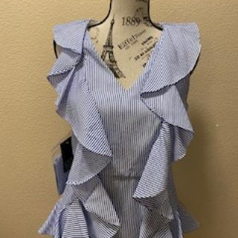 ALPHA & OMEGA NAVY/WHITE STRIPED RUFFLE DRESS L - Picture 2 of 4